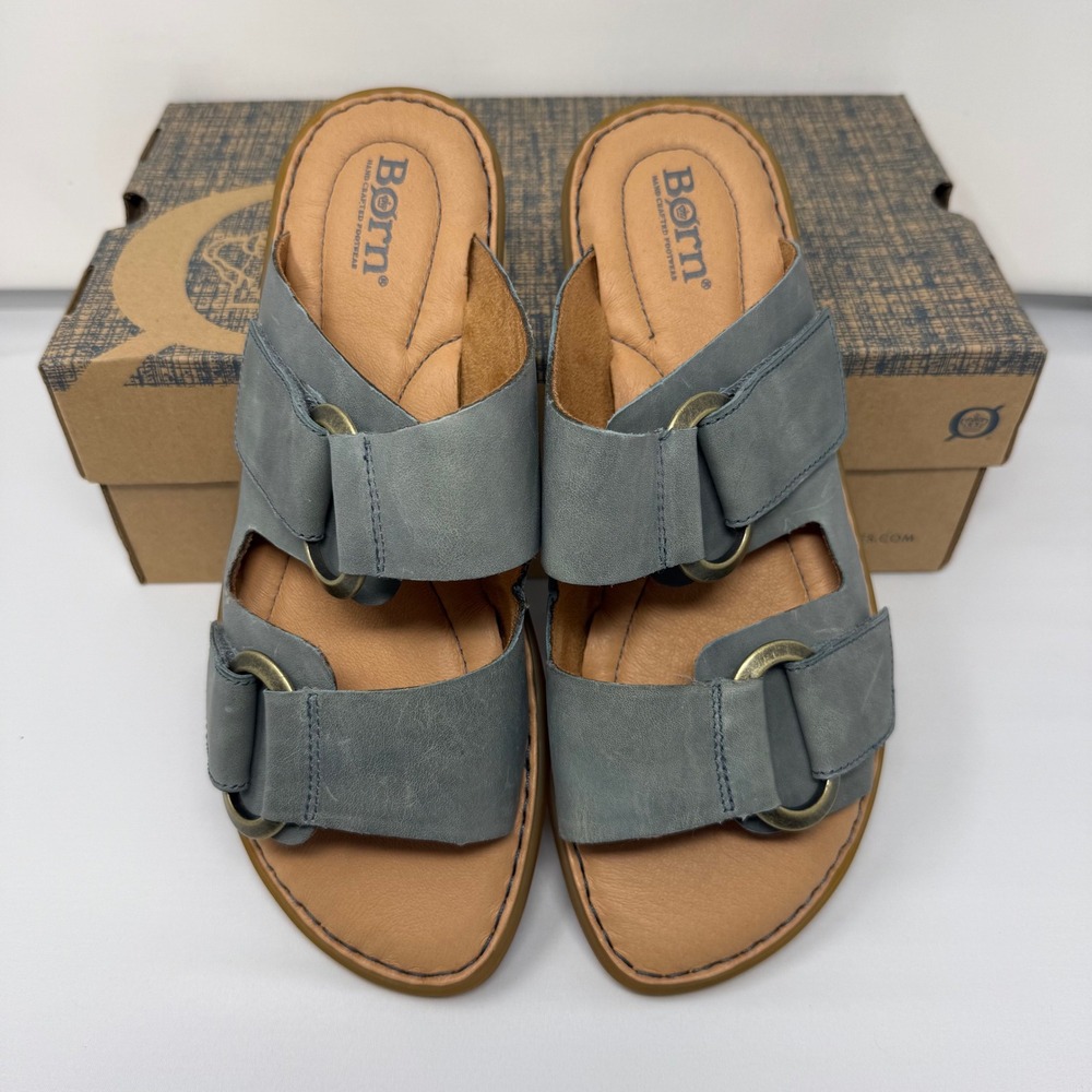 Born Marston Light Blue Leather Slide Sandals Womens 9 BR0034232 Comfort Shoes